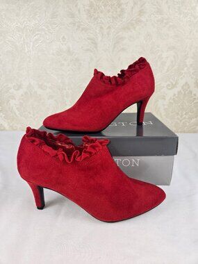 Covington Sz 6.5M "Flapper" Red Heeled Bootie Ruffle Detail Side Zip Almond Toe